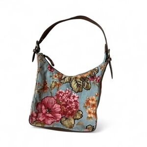 Y2K Floral Beaded Shoulder Bag Brown Leather Trim Blue Pink Orange Flowers Boho